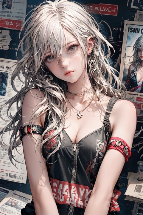  paper background, 1girl, jewelry, long hair, earrings, looking at viewer, necklace, grey eyes, upper body, breasts, paper, bare shoulders, closed mouth, bangs, piercing, collarbone, white hair, solo, ear piercing, hair between eyes, head tilt, sleeveless, lips, wavy hair, solo focus, cleavage, armband, messy hair