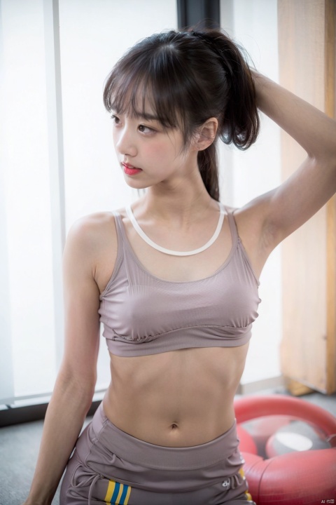  1girl, solo, brown hair, brown eyes, ponytail, parted lips, midriff, pants, indoors, blurry, lips, sports bra, realistic, gym