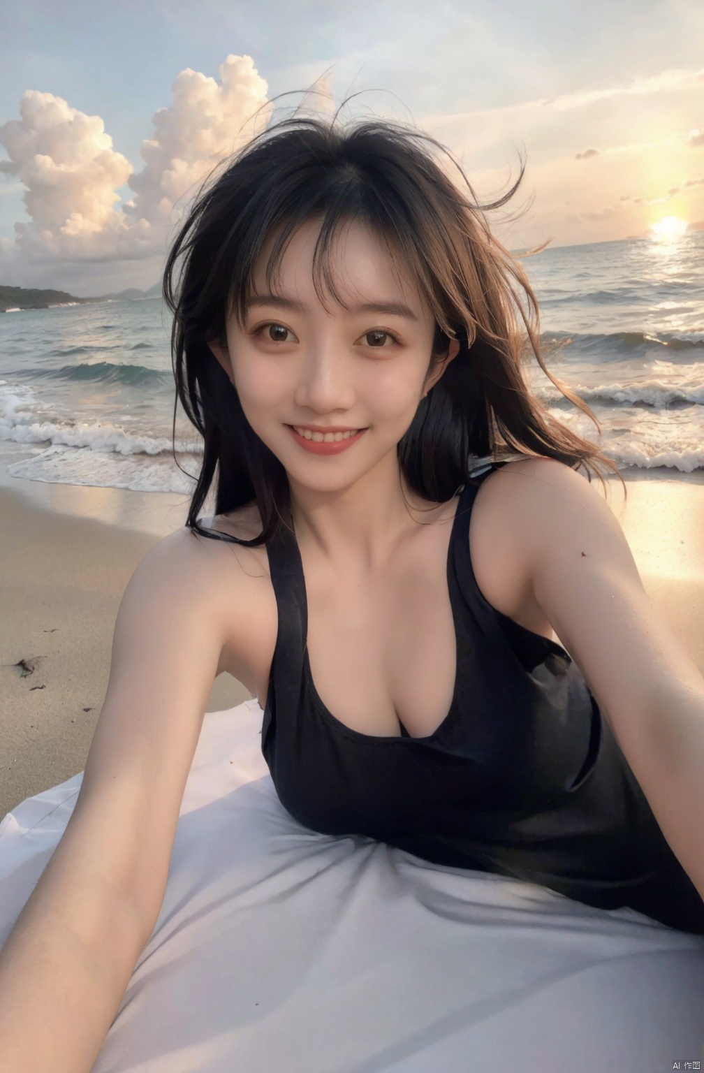  1 Girl, Selfie, Sea, Wind, Messy Hair, Sunset, Beach, (Aesthetics & Atmosphere: 1.2), Black **** Top, Smile,naked, Lying down