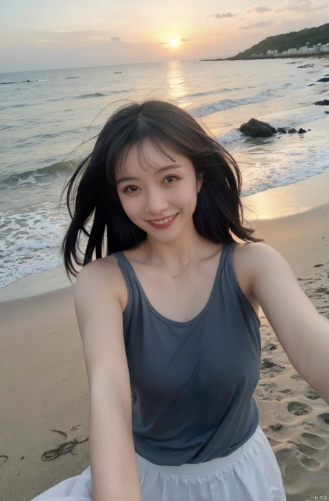  1 Girl, Selfie, Sea, Wind, Messy Hair, Sunset, Beach, (Aesthetics & Atmosphere: 1.2), Black Tank Top, Smile,naked