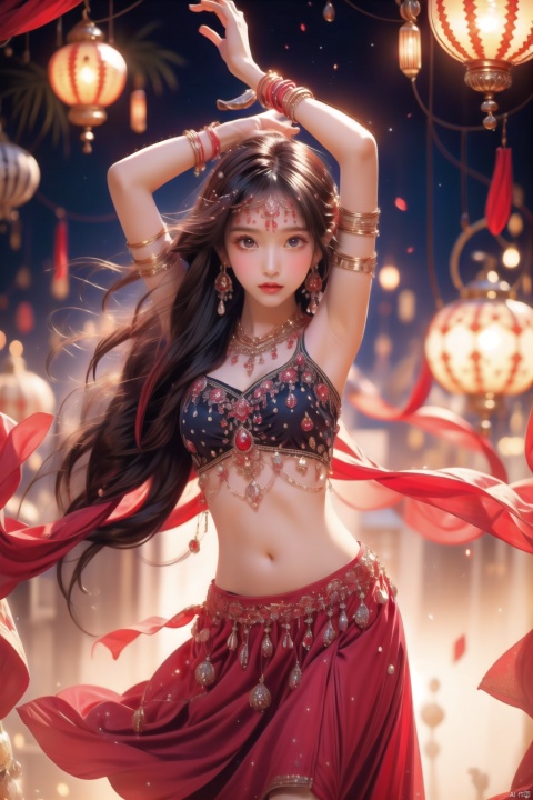  (masterpiece:1.2),(rich details:1.2),best quality,realistic,photorealistic,dance dive, 1girl, solo, long hair, jewelry, looking at viewer, bracelet, arms up, skirt, navel, red hair, armlet, earrings, midriff, dancer, gem, lantern, blurry, necklace, red skirt, long skirt, head chain, dancing, breasts, standing, closed mouth, bare shoulders, lamp, armpits, light particles, bangs, dancing diva, Anime