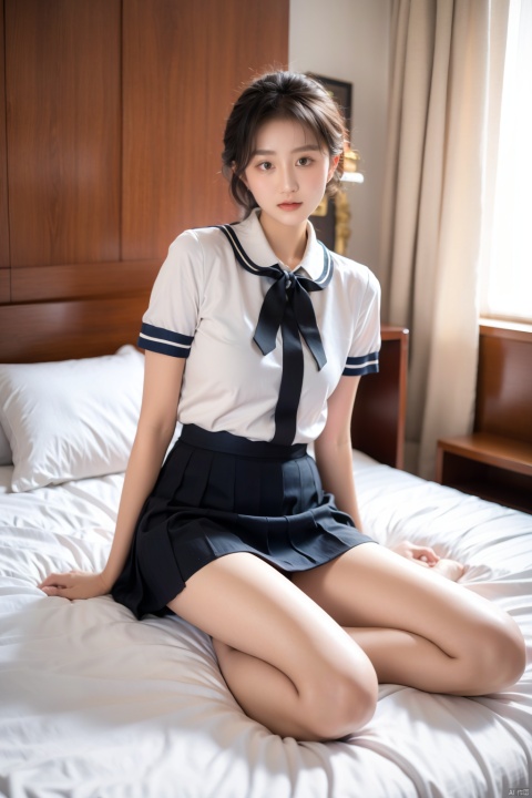  Enhanced, masterpiece, 16K, JK, 1 girl, short hair, school uniform, skirt, sitting on bed, Light master, film, Lying down