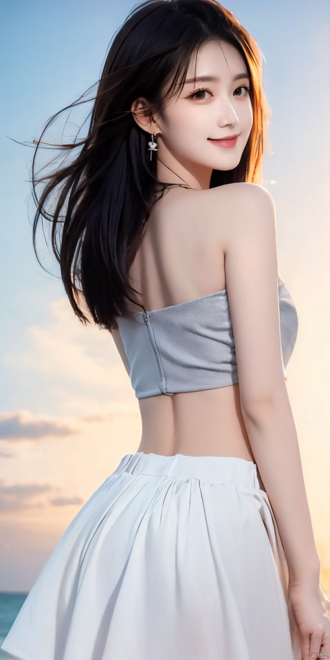  (Good structure),cowboy_shot, DSLR Quality,Depth of field ,looking_at_viewer,Dynamic pose, , kind smile,,
1girl, solo, long hair, , looking at viewer, skirt, hair ornament, bare shoulders, jewelry, , black hair, earrings, outdoors, midriff, water, necklace, lips, crop top, grey eyes, leaning forward, ocean, white skirt, strapless vest, sunset, sun, , , litongqin, bare back