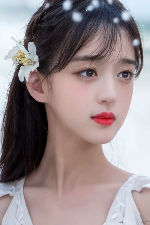  extremely detailed,realistic,1girl,solo,black hair,long hair,Messy hair,black eyes,lips,collarbone,flower,upper body,portrait,dress,close_mouth,looking at viewer,side,beauty,floating petals,blurry background,Split Lighting,deep shadow,cowboy shot,white dress,melancholic expression,Elegant movements,crying,(tears),Low maintenance,snowing,outdoors,at the ocean,, 1 girl