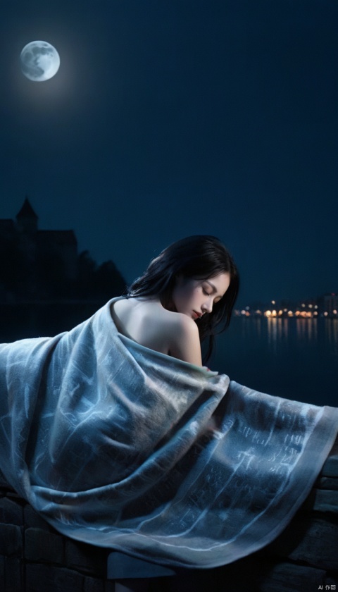  Double Exposure Style,Volumetric Lighting,arching her back,Traditional Attire,Artistic Calligraphy and Ink,light depth,dramatic atmospheric lighting,image combination,fantasy art,,(a blanket:1.3),a girl,black-hair ,(naked,nude,)sleeping,looking a the moon,it is in a Witcher setting,lake and cityscape,ruined city,Fantasy,Back lighting,Colorful,Moon,dreamy magical atmosphere,1girl,