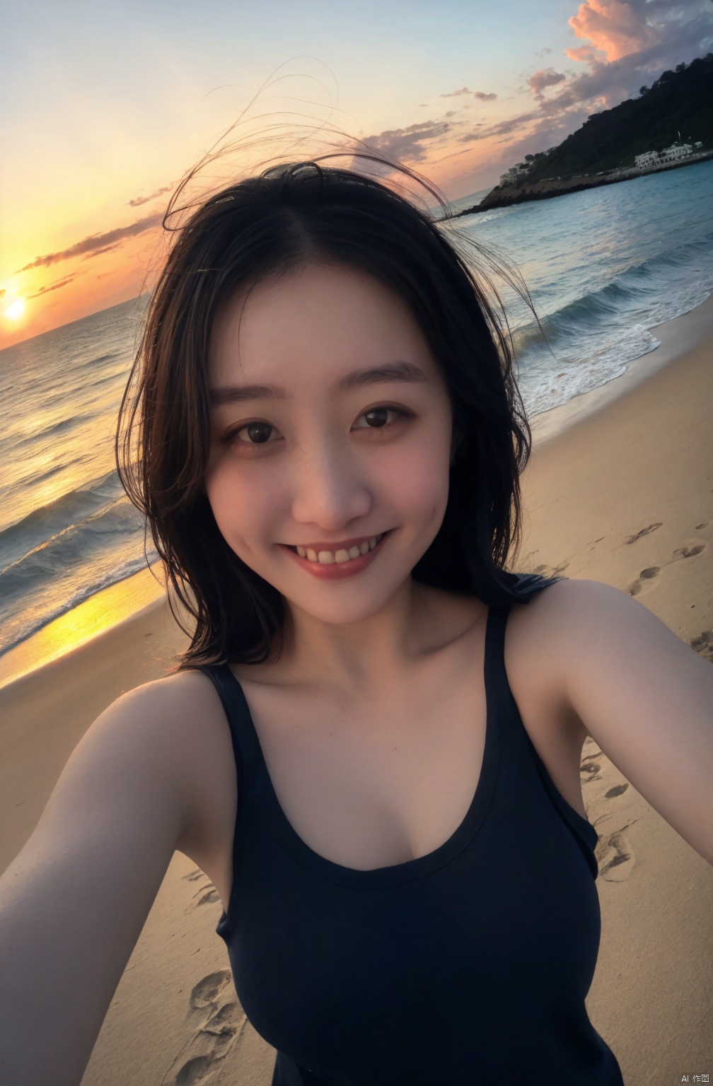  1girl, fisheye, selfie, sea, wind, messy hair, sunset, beach, (aesthetics and atmosphere:1.2), black **** top, medium_breasts, light smile