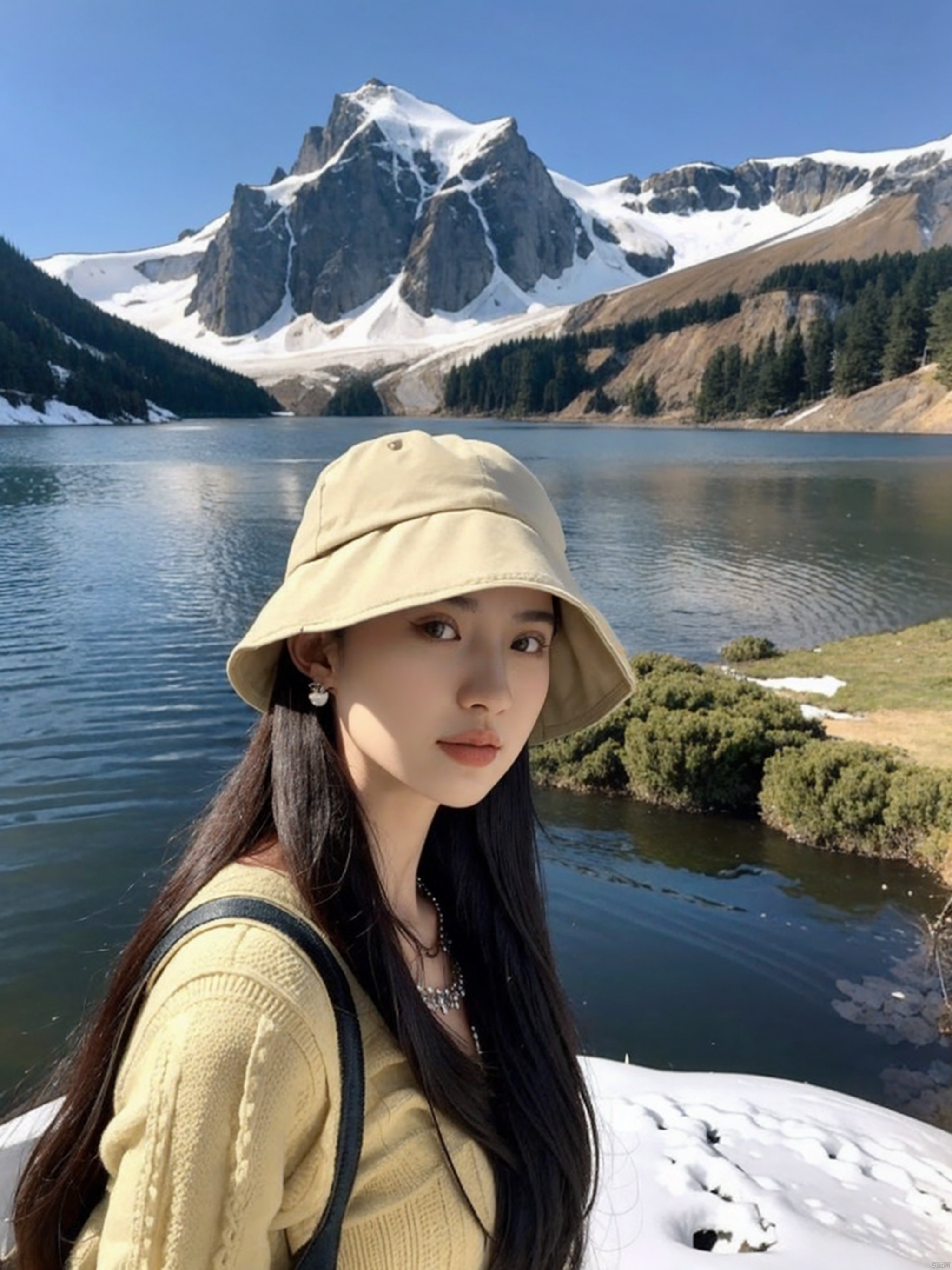  1girl, solo, hat, jewelry, long hair, realistic, black hair, earrings, outdoors, photo background, mountain, necklace, river, looking at viewer, lake, day, nature, upper body, black eyes, lips, a woman with long hair wearing a hat and a backpack near a lake and mountains with snow on the tops