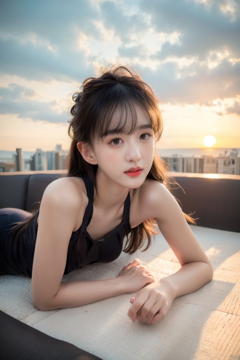  NSFW,Frontal photography,Look front,evening,dark clouds,the setting sun,On the city rooftop,A 20 year old female,Black top,Black Leggings,black hair,long hair, dark theme, muted tones, pastel colors, high contrast, (natural skin texture, A dim light, high clarity) ((sky background))((Facial highlights)), Lying down