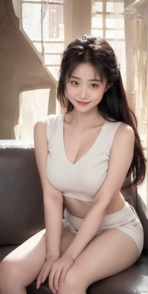 sweet smile、night、original photography、(((ultimate beauty portrait)))、((sparkling skin))、1 girl、 15 year old beautiful girl、bright expression、((dark brown hair))、(cleavage)、 (white crop top: 1.4), tight leather pants,（red lips：2.0）, The face is super delicate,naked thighs,((Big eyes sparkling like gems))、Glowing and radiant skin、(Goddess of Rapunzel)、(silk headband)、(standing)、(from below)、Eyeliner、beautiful bangs、hair between eyes、((​Masterpiece、top quality、Super detailed、Warm colors、intricate details、high resolution、Very detailed))、background for this、digitalSLR、softlight、highquality、filmgrain、富士XT3 、shallow view deep、natural soft light、Kamimei、plump bust,Big breasts,Protruding breasts, Spread legs,sitting on stairs,from below,long legs