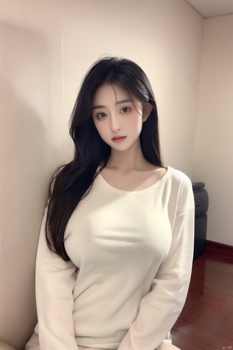  
 1girl, black hair, lips , long hair, long sleeves ,(big breasts), looking at viewer , realistic ,shirt, solo ,upper body ,white shirt ,
(naked:1.5),
detailed pussy