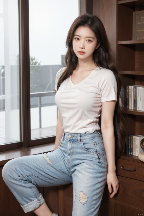  1girl, solo, long hair, breasts, looking at viewer, brown hair, shirt, black hair, brown eyes, standing, white shirt, short sleeves, cowboy shot, pants, indoors, sailor collar, lips, book, window, denim, cherry blossoms, jeans, realistic, bookshelf,,see, Spread legs