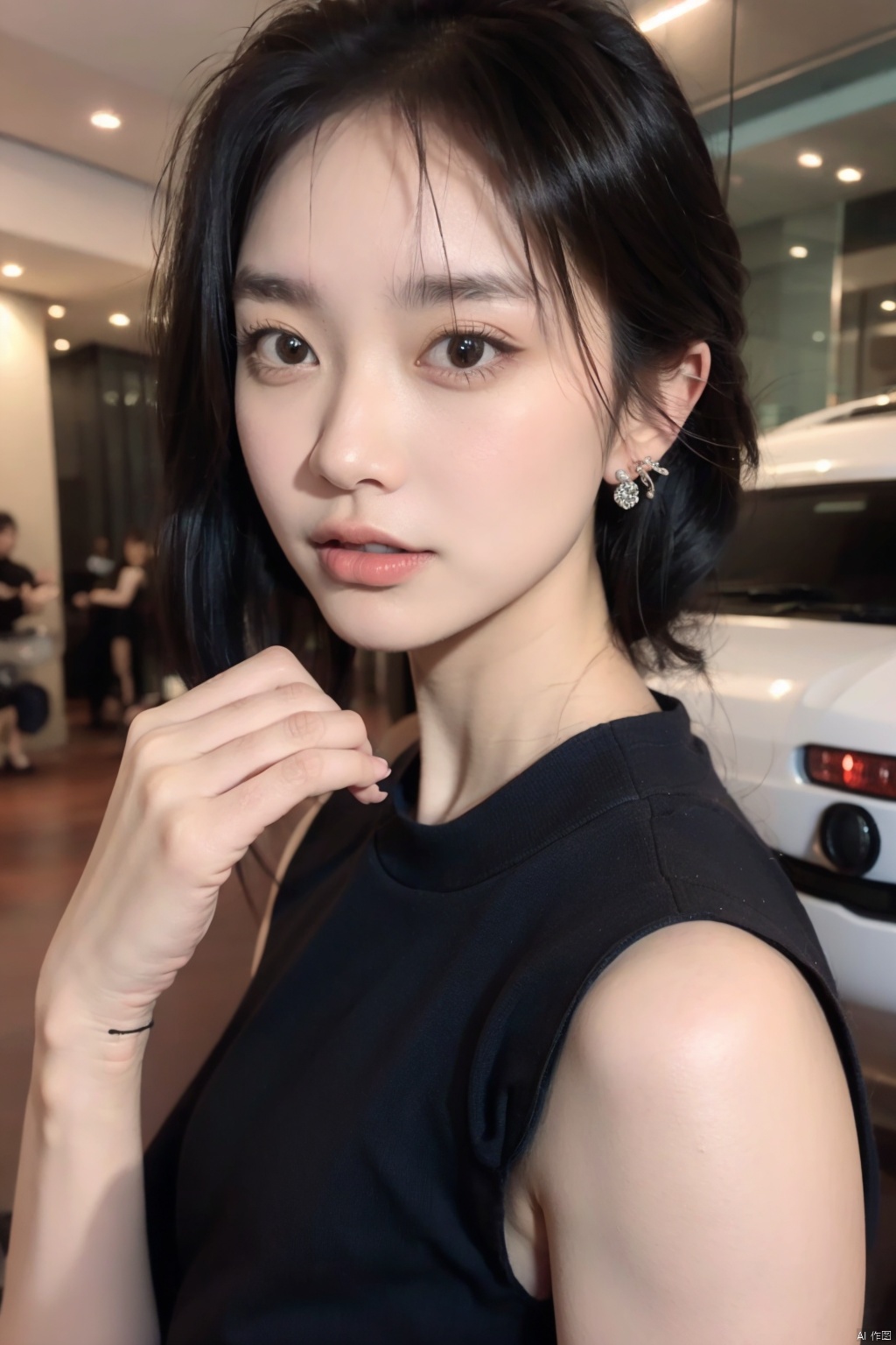  1girl, solo, looking at viewer, short hair, brown hair, black hair, dress, brown eyes, jewelry, earrings, parted lips, lips, ground vehicle, watch, realistic, wristwatch