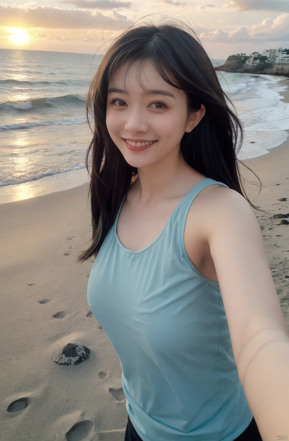  1 Girl, Selfie, Sea, Wind, Messy Hair, Sunset, Beach, (Aesthetics & Atmosphere: 1.2), Black **** Top, Smile,naked