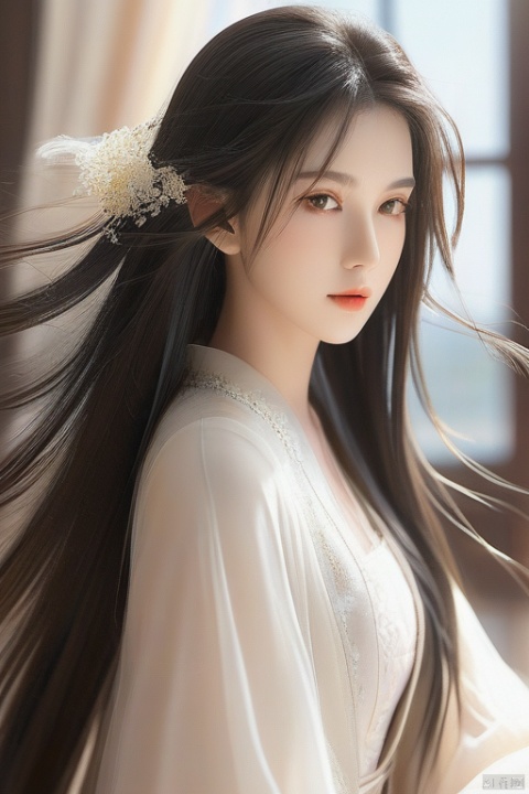  (Long Straight Hair:1.4),(4KHD:1.4),,(Transparent:1.5),(Face ForwardBed:1.4),(Bust:1.7),Black Hair,masterpiece,best quality,(high resolution:1.3),1girl,hair flowing in the wind,beautiful detail eyes,good lighting,ray tracing,(depth of field:1.5)