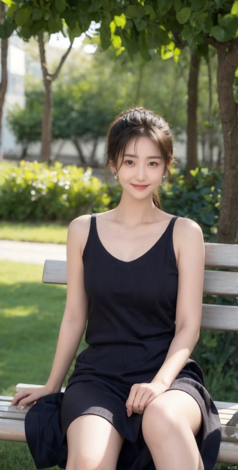  1girl, solo, long hair, looking at viewer, smile, black hair, dress, bare shoulders, jewelry, sitting, closed mouth, collarbone, ponytail, earrings, outdoors, sleeveless, day, mole, black eyes, black dress, sleeveless dress, feet out of frame, plant, realistic, bench, ((poakl)), Lying down