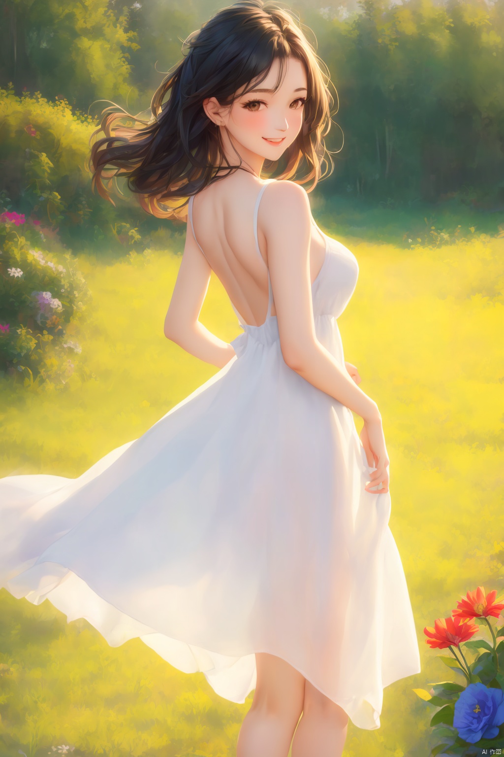 1girl, solo, long hair, breasts, looking at viewer, blush, smile, black hair, dress, bare shoulders, brown eyes, standing, flower, outdoors, sleeveless, white dress, from side, bare arms, sleeveless dress, feet out of frame, wind, sundress, bare back