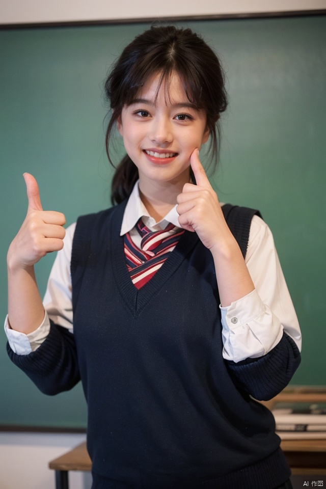  a young girl radiating joy and enthusiasm. She sports a vibrant smile, her eyes sparkling with delight. Dressed in a classic school uniform consisting of a crisp white collared shirt layered beneath a navy blue sweater vest. Adding a pop of color to her ensemble is a red and black striped necktie tied neatly around her collar. Complementing the outfit is in deep black. In one hand, she confidently holds up a thumbs-up sign, symbolizing approval and encouragement. The other hand casually rests on her hip, showcasing her relaxed demeanor. The entire setup exudes a warm and welcoming vibe,