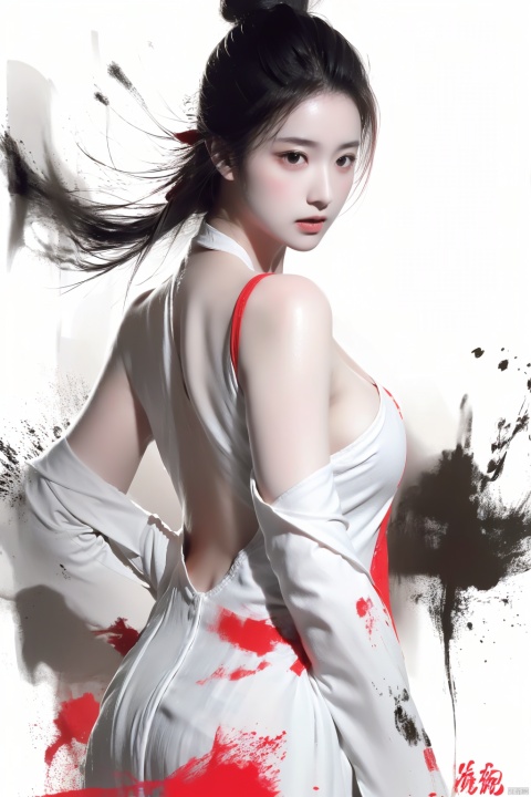 a girl,upper body,bare_shoulder,white blazer (module) ,cleavage cutout,big breast, smwuxia Chinese text blood weapon:sw, Ink scattering_Chinese style,blood splatter motion blur, bare back
