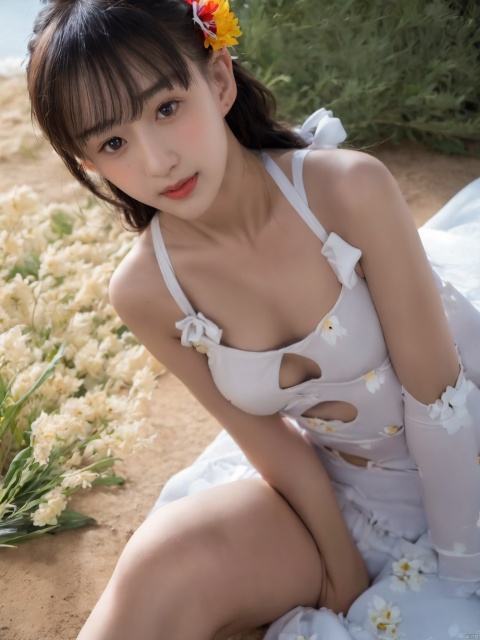  center frame, sharp focus, (panorama, wide shot), best quality, masterpiece, extremely detailed, detailed background, (from above:1.2), 1girl, solo, black hair, opend eyes, smile, open mouth, Cleavage of breast, small breast, skirt, long hair, wavy hair, on side, fluffy hair, , french, blush, smile, capelet, lace trim, bodice, sunset, long dress, dusk, scenery, gold sky, high place, horizon, wheat field, wheat ears, wind, wind blow, looking at viewer, (depth of field), bokeh, (holding a flower:1.3), (holding:1.2), (medium breast):0.5, takei film, Lying down