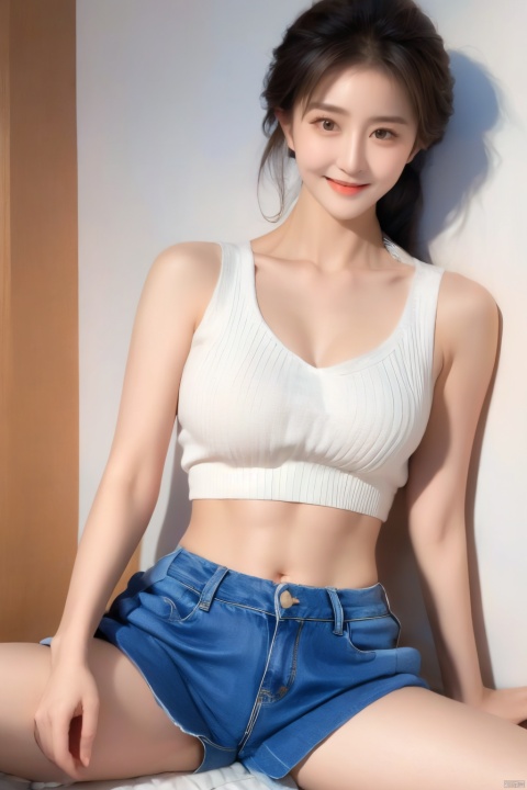  1girl, solo, breasts, looking at viewer, smile, brown hair, black hair, navel, bare shoulders, brown eyes, jewelry, closed mouth, standing, collarbone, cowboy shot, midriff, pants, lips, shadow, tank top, denim, jeans, realistic, arms at sides, 1 girl, guoflinke,
,cutout below navel,blush,Spread one's legs,(detai pussy:1.1),(naked:1.5),An exaggerated expression,Watching the audience,Lying down,
,Spread legs