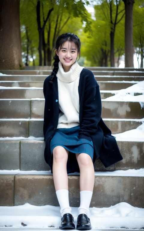  1girl, solo, long hair, looking at viewer, blush, smile, bangs, blue eyes, skirt, shirt, long sleeves, holding, hair between eyes, sitting, very long hair, jacket, full body, white shirt, braid, pleated skirt, outdoors, open clothes, shoes, day, socks, scarf, grin, sweater, open jacket, tree, blue skirt, plaid, kneehighs, plaid skirt, wariza, brown footwear, stuffed toy, white jacket, cardigan, stuffed animal, black socks, loafers, snow, red scarf, snowing, winter, fringe trim, plaid scarf,sitting on stairs