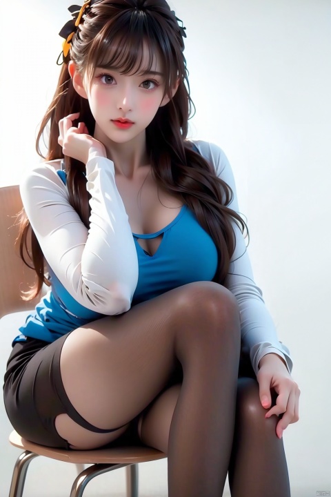  1girl, solo, long hair, looking at viewer, simple background, shirt, black hair, long sleeves, brown eyes, sitting, closed mouth, full body, pantyhose, shorts, lips, short shorts, chair, black shorts, blue shirt, white pantyhose, knee up, realistic, red lips
