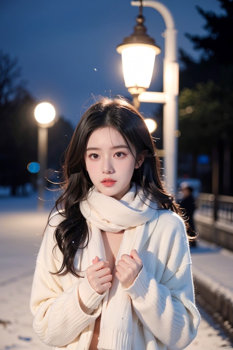  a girl,red wavy long curly hair, beautiful and detailed eyes, scarf, sweater, winter, snowing, standing under the street lamp, upper body, night, night, backlighting,kamisama, 1girl, xiqing, hszt,(naked:1.5)