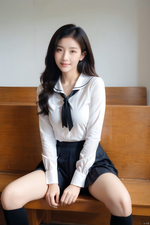  Best quality, masterpiece, super high resolution, 1 girl, shot from bottom to top, busty, looking at the audience, school, school uniform, JK uniform, solo, long hair, brown hair, Spread legs
