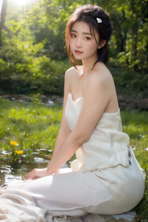 (realistic), (hyperrealism),best quality, masterpiece,ultra high res, (photorealistic:1.4),1girl,pale skin,skinny,(looking at viewer:2), ,forest, flowers, sunlight,
Girl washing clothes by the river, front view
 , (tattered) wedding dress , bare shoulders, upper body, spread legs