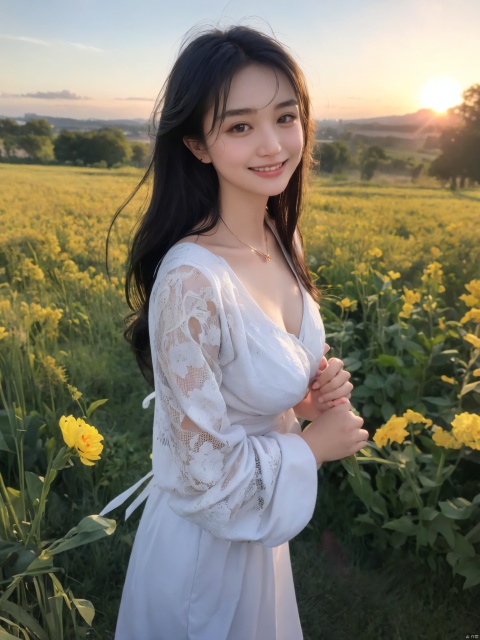  center frame, sharp focus, (panorama, wide shot), best quality, masterpiece, extremely detailed, detailed background, (from above:1.2), 1girl, solo, black hair, opend eyes, smile, open mouth, Cleavage of breast, small breast, skirt, long hair, wavy hair, on side, fluffy hair, , french, blush, smile, capelet, lace trim, bodice, sunset, long dress, dusk, scenery, gold sky, high place, horizon, wheat field, wheat ears, wind, wind blow, looking at viewer, (depth of field), bokeh, (holding a flower:1.3), (holding:1.2), (medium breast):0.5, takei film,