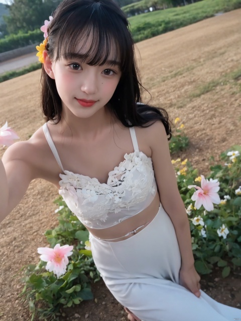  center frame, sharp focus, (panorama, wide shot), best quality, masterpiece, extremely detailed, detailed background, (from above:1.2), 1girl, solo, black hair, opend eyes, smile, open mouth, Cleavage of breast, small breast, skirt, long hair, wavy hair, on side, fluffy hair, , french, blush, smile, capelet, lace trim, bodice, sunset, long dress, dusk, scenery, gold sky, high place, horizon, wheat field, wheat ears, wind, wind blow, looking at viewer, (depth of field), bokeh, (holding a flower:1.3), (holding:1.2), (medium breast):0.5, takei film,