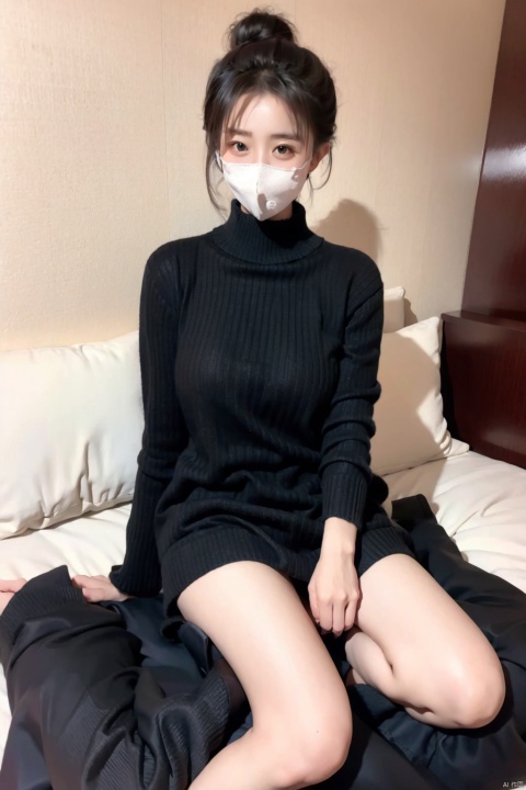  highest quality,hd,udr,realistic,delicate details,1girl,solo,chinese,mouth mask,bun,black sweater,horse-face skirt,Mamianqun,middle breasts,earring,sideways,whole body,full body,red rampart, Lying down