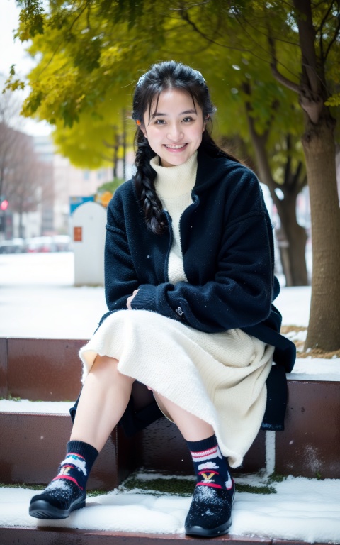  1girl, solo, long hair, looking at viewer, blush, smile, bangs, blue eyes, skirt, shirt, long sleeves, holding, hair between eyes, sitting, very long hair, jacket, full body, white shirt, braid, pleated skirt, outdoors, open clothes, shoes, day, socks, scarf, grin, sweater, open jacket, tree, blue skirt, plaid, kneehighs, plaid skirt, wariza, brown footwear, stuffed toy, white jacket, cardigan, stuffed animal, black socks, loafers, snow, red scarf, snowing, winter, fringe trim, plaid scarf,sitting on stairs