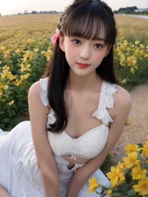  center frame, sharp focus, (panorama, wide shot), best quality, masterpiece, extremely detailed, detailed background, (from above:1.2), 1girl, solo, black hair, opend eyes, smile, open mouth, Cleavage of breast, small breast, skirt, long hair, wavy hair, on side, fluffy hair, , french, blush, smile, capelet, lace trim, bodice, sunset, long dress, dusk, scenery, gold sky, high place, horizon, wheat field, wheat ears, wind, wind blow, looking at viewer, (depth of field), bokeh, (holding a flower:1.3), (holding:1.2), (medium breast):0.5, takei film, Lying down