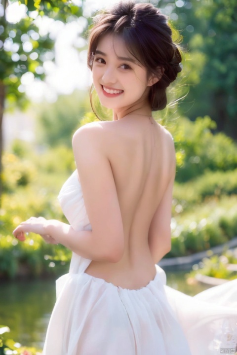  best quality,masterpiece,ultra high res,looking at viewer,simple background,portrait (object),
1girl, solo, breasts, looking at viewer, smile, brown hair, black hair, dress, cleavage, bare shoulders, medium breasts, teeth, grin, black eyes, wedding dress, realistic, bare back