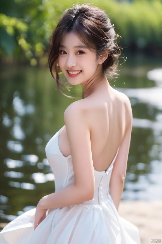  best quality,masterpiece,ultra high res,looking at viewer,simple background,portrait (object),
1girl, solo, breasts, looking at viewer, smile, brown hair, black hair, dress, cleavage, bare shoulders, medium breasts, teeth, grin, black eyes, wedding dress, realistic, bare back