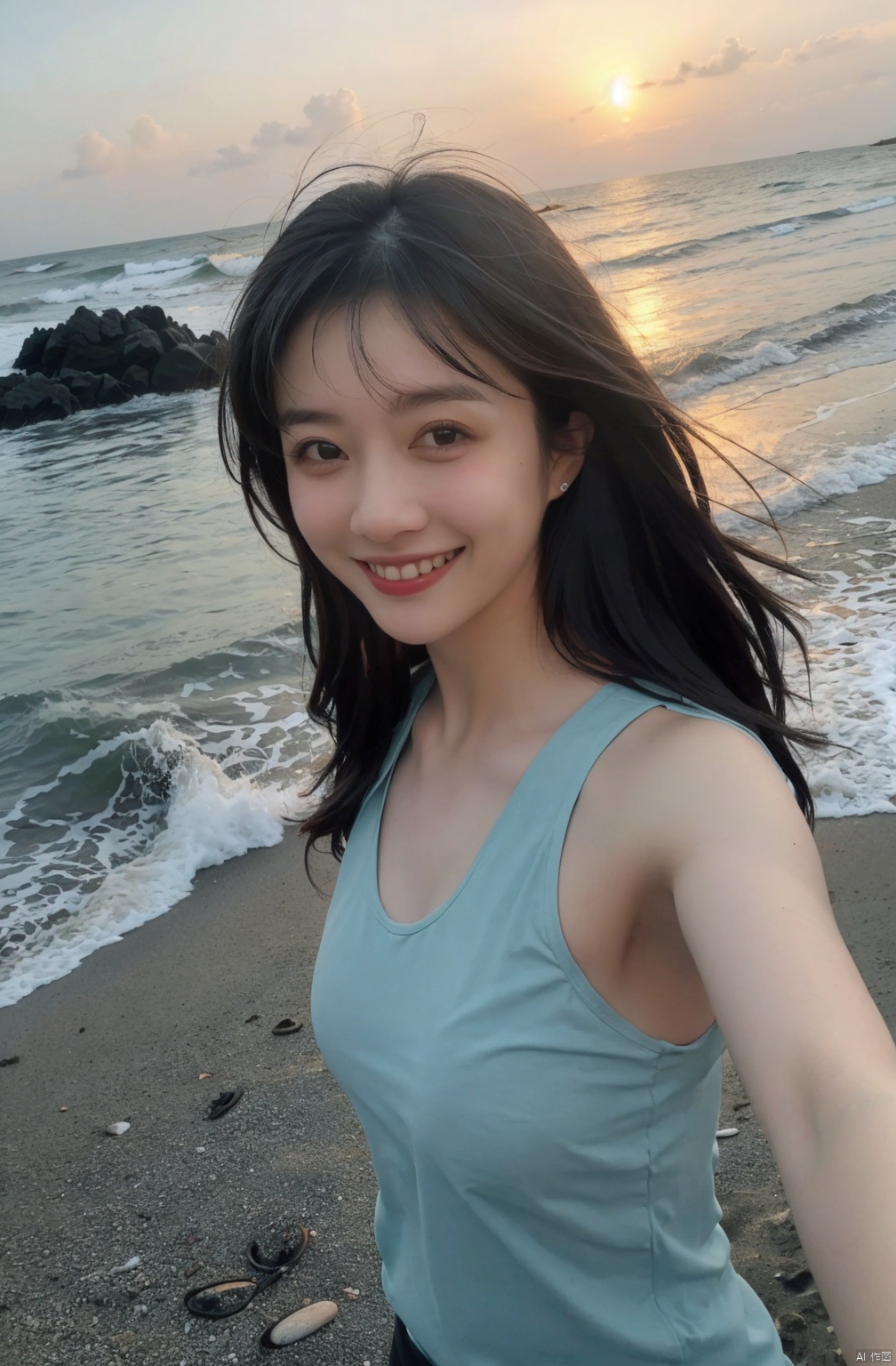  1 Girl, Selfie, Sea, Wind, Messy Hair, Sunset, Beach, (Aesthetics & Atmosphere: 1.2), Black **** Top, Smile,naked