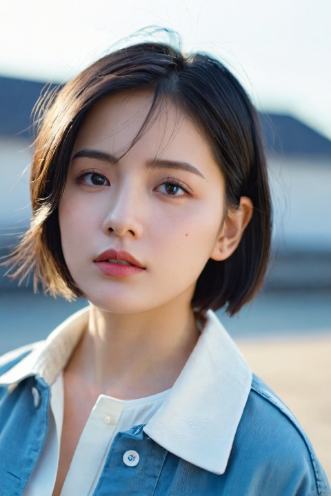  1girl, solo, blurry background, black hair, outdoors, light on face, blurry, black eyes, upper body, lips, day, sky, realistic, blue sky, shirt, white shirt, short hair, jacket, closed mouth, looking to the side, Zhenxin, best quality, photo \(medium\), realistic, (extremely detailed face:1.2), (extremely detailed eyes:1.2), epic, gorgeous, film grain, grainy, highly detailed, detailed skin texture,
