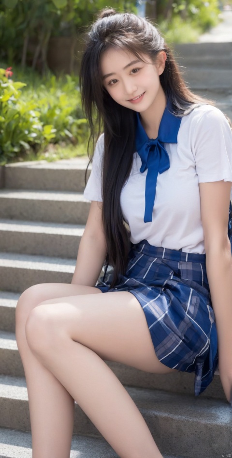  1girl, smiling,Realistic movie lighting,
ultradetailed,8K,detailed face,photorealistic,
long hair,solo,fullbody,complex background, look at the viewer, 

detailedbackground,sweating details,realistic, fullbody,long legs,real,
Lacrimal nevus,realism, Delicate glowing skin,masterpiece,
bestquality,distant view,depth of field,dynamic perspective,Perfectly proportioned figure,Detailed skin description,
daytime,good weather,
Lying down,sitting on stairs,
plaid skirt, white shirt, 
plaid, short sleeves, jk ribbon on the neck, 
jk ribbon, 
school uniform, 
pleated skirt, depth of field,