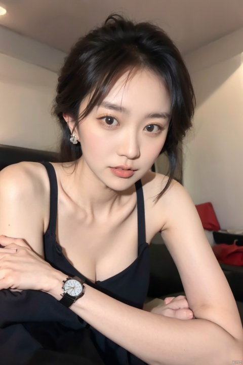  1girl, solo, looking at viewer, short hair, brown hair, black hair, dress, brown eyes, jewelry, earrings, parted lips, lips, ground vehicle, watch, realistic, wristwatch, Lying down
