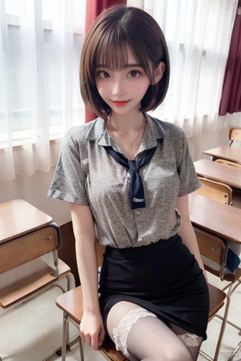  1girl,(cross-legged:1.5),teacher,Female teacher attire,short shirt,pantyhose,smile,short hair,classroom,MIX4, fukada