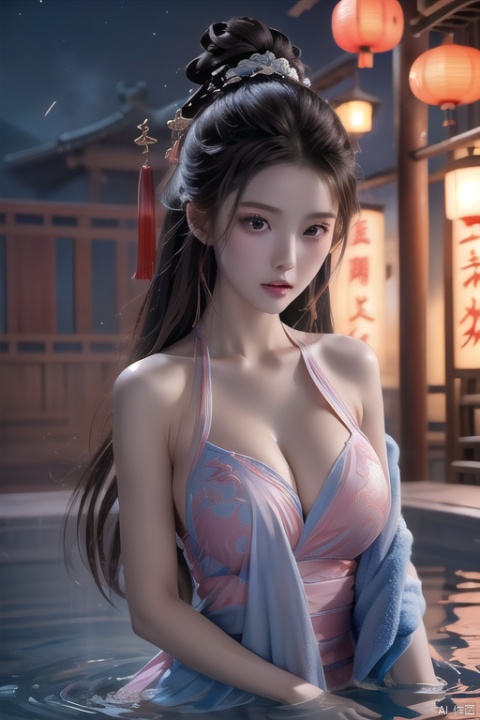 High quality,masterpiece,cinematic texture,Chinese elements,close-up of head and face,1 girl bathing in the pool,blue-pink towel,shoulders exposed to the water surface,wrapped in a towel,Forehead gemstone,hot spring,lantern,night,girl,1girl,smoke,chang,Explosive dust
