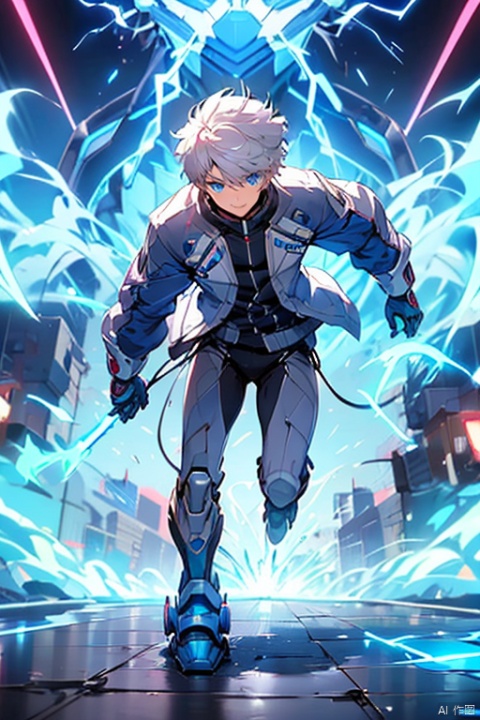  Graphics card core,1boy, solo,blue eyes,mecha musume,white hair,Short hair, In their 20s,handsome,Cheerful,extroversion,energy,glowing,running,diffractionspikes,ejaculation,electricity,magic,tarrysky, Anime characters,technological marvels,Mech jacket, futuristic style, ray tracing, hyper-realistic pop,8k,