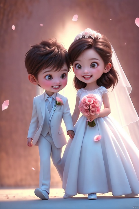  1girl,sqs,dress,1boy,flower,brown hair,smile,necktie,open mouth,brown eyes,holding hands,pants,long hair,white dress,wedding dress,petals,white footwear,bouquet,black necktie,blush,wedding,groom,walking,black pants,formal,pink flower,teeth,hair ornament,suit,hair flower,shirt,upper teeth only,chibi,hetero,:d,holding,short hair,white jacket,bride,looking at another,veil,spiked hair,shoes,aged down,bridal veil,