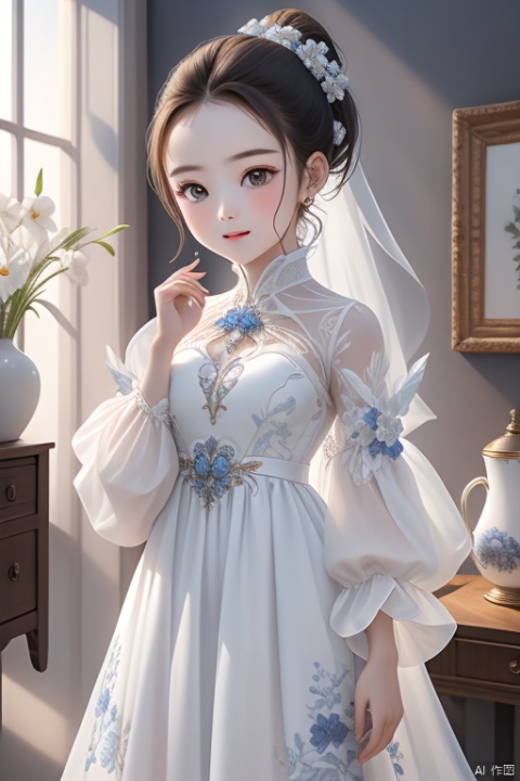 1girl,1boy,dress,yifu,high ponytail,flower,Blue and white porcelain pattern,mecha