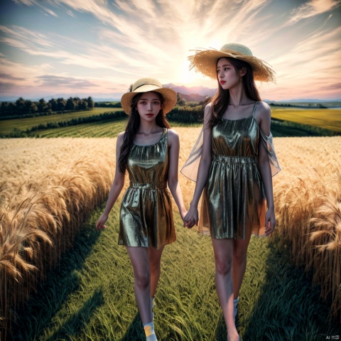 (best quality,4k,8k,highres,masterpiece:1.2),ultra-detailed,(realistic:1.1),HDR,UHD,studio lighting,physically-based rendering,extreme detail description,professional,vivid colors,bokeh,concept art,boy and girl holding hands,wearing straw hats,running in the wheat field,sunset,distant view