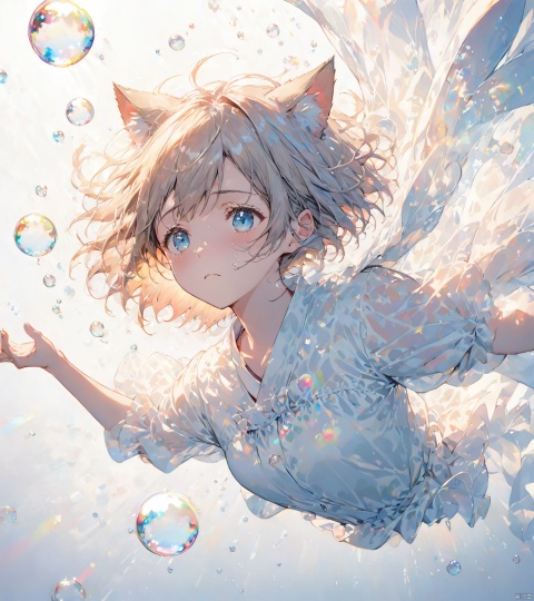  1girl,solo,cat ears,white background,falling down,floating,in air,floating hair,Bubbles, refracted sunlight, light spots, sadness, lowered head,short hair