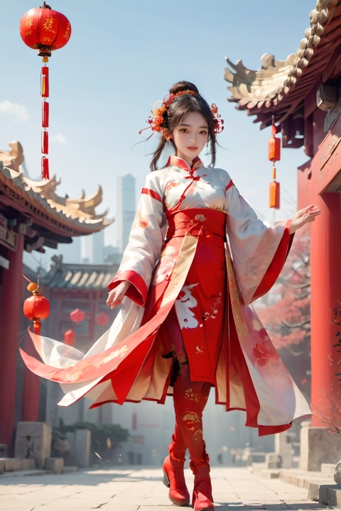 1girl,Chinese New Year,Welcoming Spring Girl,Spring welcome clothing,Hanfu,Chinese knot,Red Theme,White top,Big long legs,Red skirt,The huge mecha building behind it,full body,front,Animal mechs crossing over their feet,Tassel earrings,Looking up,Red leggings,ancient Chinese architecture,Red Lantern,Zhang Deng Jie Cai,Full of joy and joy,Spring Festival couplets,Ancient Chinese script,Brown eyes,Clothing printing