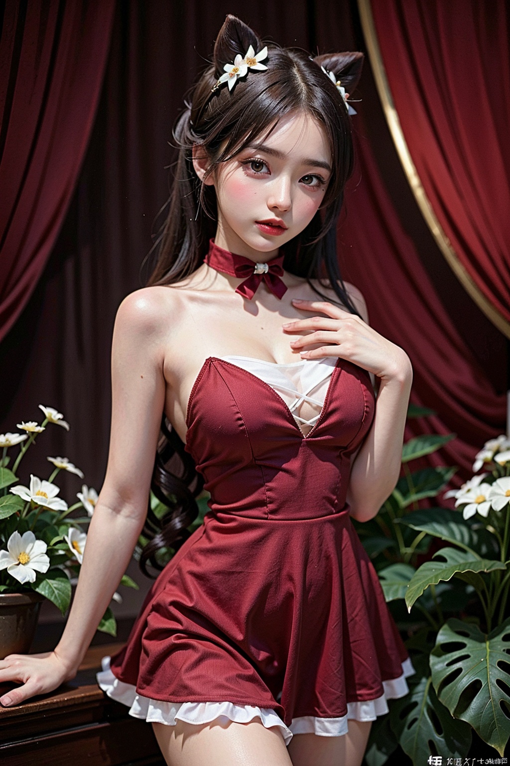 The image is a beautifully composed portrait of a young woman in a striking red dress,holding a delicate pink flower. The lighting is soft and flattering,creating a warm and inviting atmosphere. The colors are vibrant and vivid,with the woman's red dress standing out against the backdrop of a lush green garden. The photograph exudes elegance and grace,with the woman's gentle expression conveying a sense of serenity and poise. The quality of the image is top-notch,with every detail captured in exquisite detail. The portrait is a testament to the photographer's exceptional talent and skill in capturing the essence of a subject in a single frame,creating images that are aesthetically pleasing and emotionally resonant.