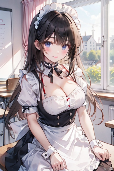  maid headdress, (white shirt), frilled shirt, (white frilled apron), white short sleeves, puffy sleeves, cleavage), cuffs, white frilled choker with black neck ribbon, cute, teen, black long hair, big breasts,classroom